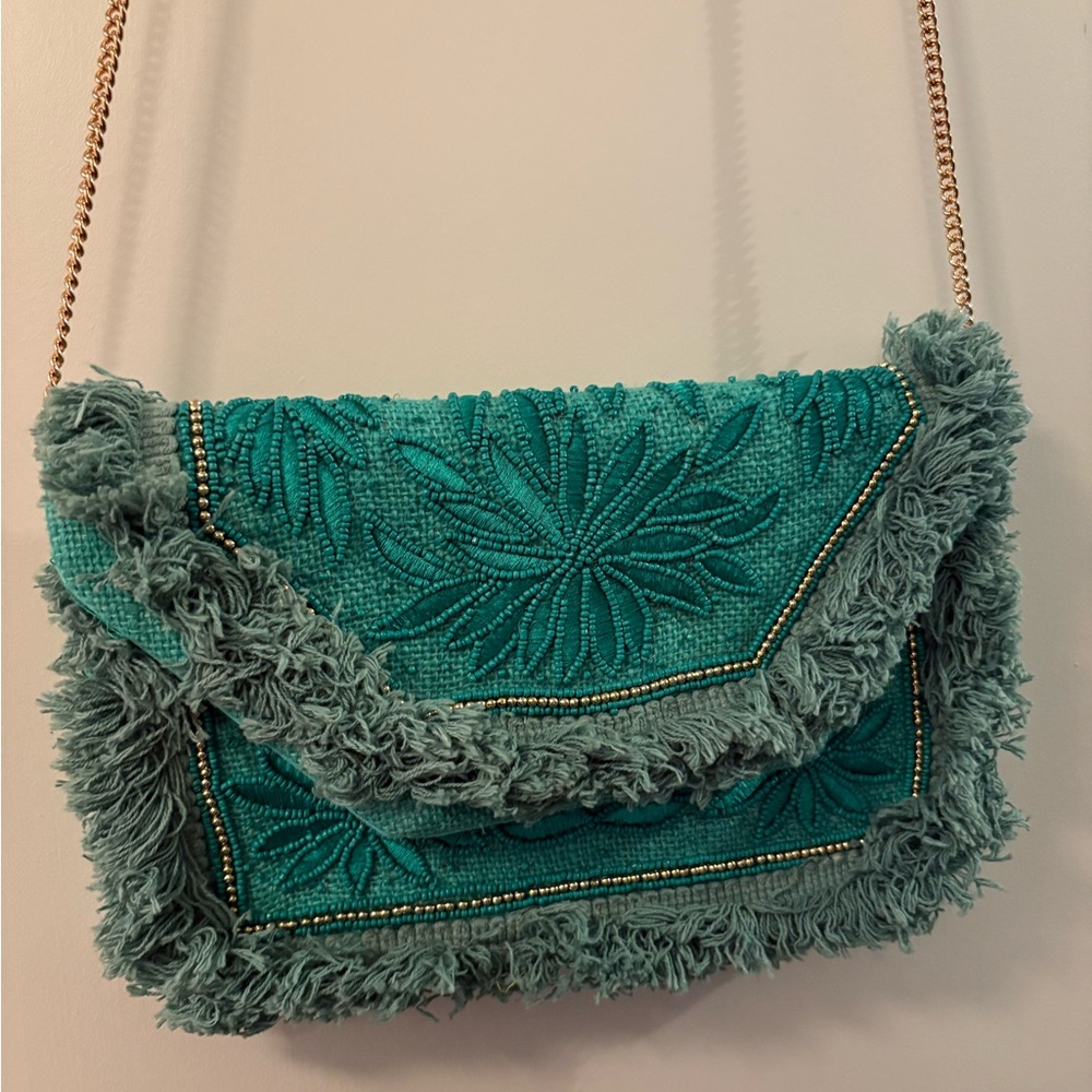 Natasha Turquoise Fringed beaded Crossbody Bag
